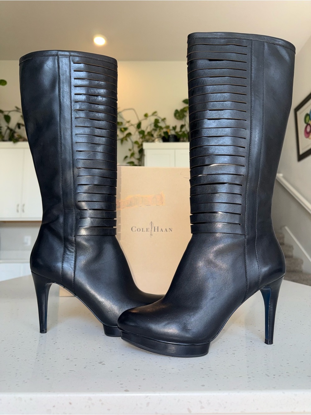 Cole Haan Odette Black Leather Knee-High Platform Stiletto Boots